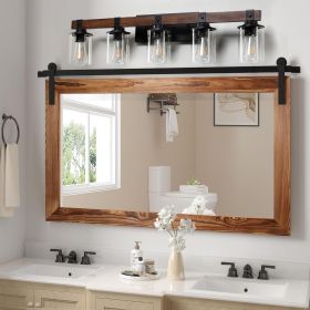 35" Rustic 5-Light Vanity Light, Industrial Bathroom Wall Sconce with Glass Shades and Wood Accent, Modern Farmhouse Lighting Fixture (No Bulbs)