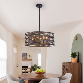 20" Rustic Industrial Pendant Light, 5-Light Black and Walnut Metal Cage Chandelier with Wood Accents for Kitchen Island and Dining Room (No Bulb