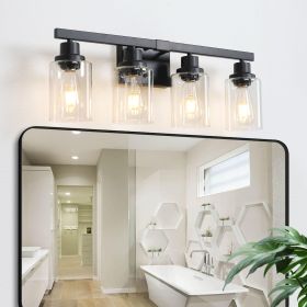 24" Modern Black 4-Light Bathroom Vanity Light Fixture, Industrial Wall Sconce with Clear Glass Shades for Mirror, Bathroom, Bedroom