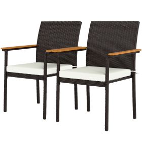 Stackable Patio Wicker Dining Chair Set of 2 with Cushions, Backrest, Armrests for Deck, Garden, Cream White